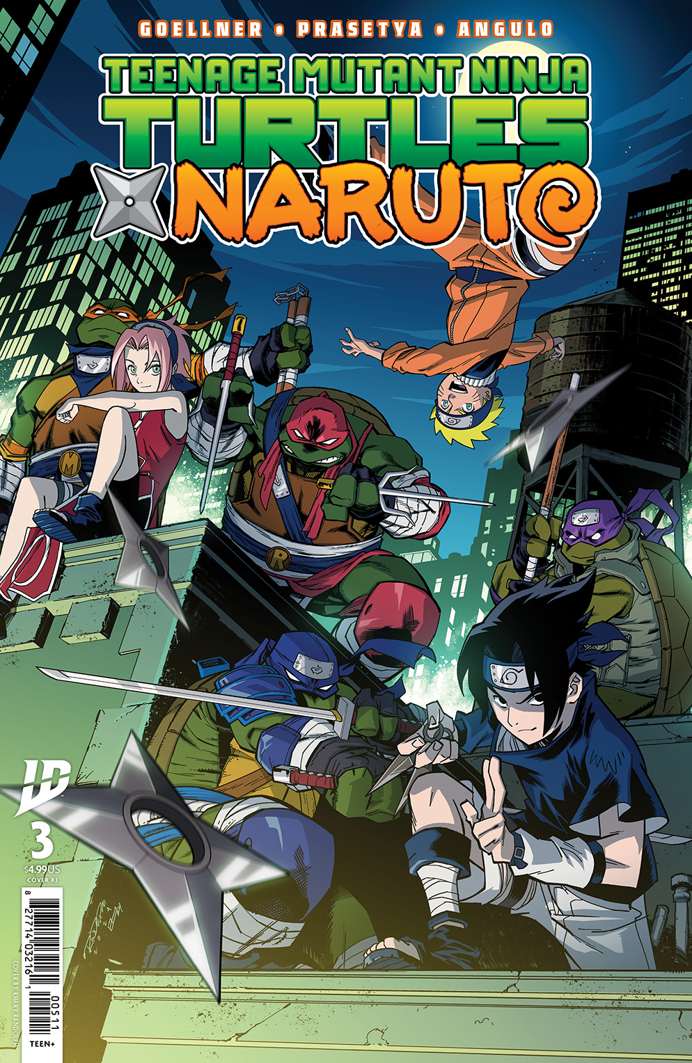 1girl, 6+boys, bo_staff, city, colored_skin, comic_cover, copyright_name, crossover