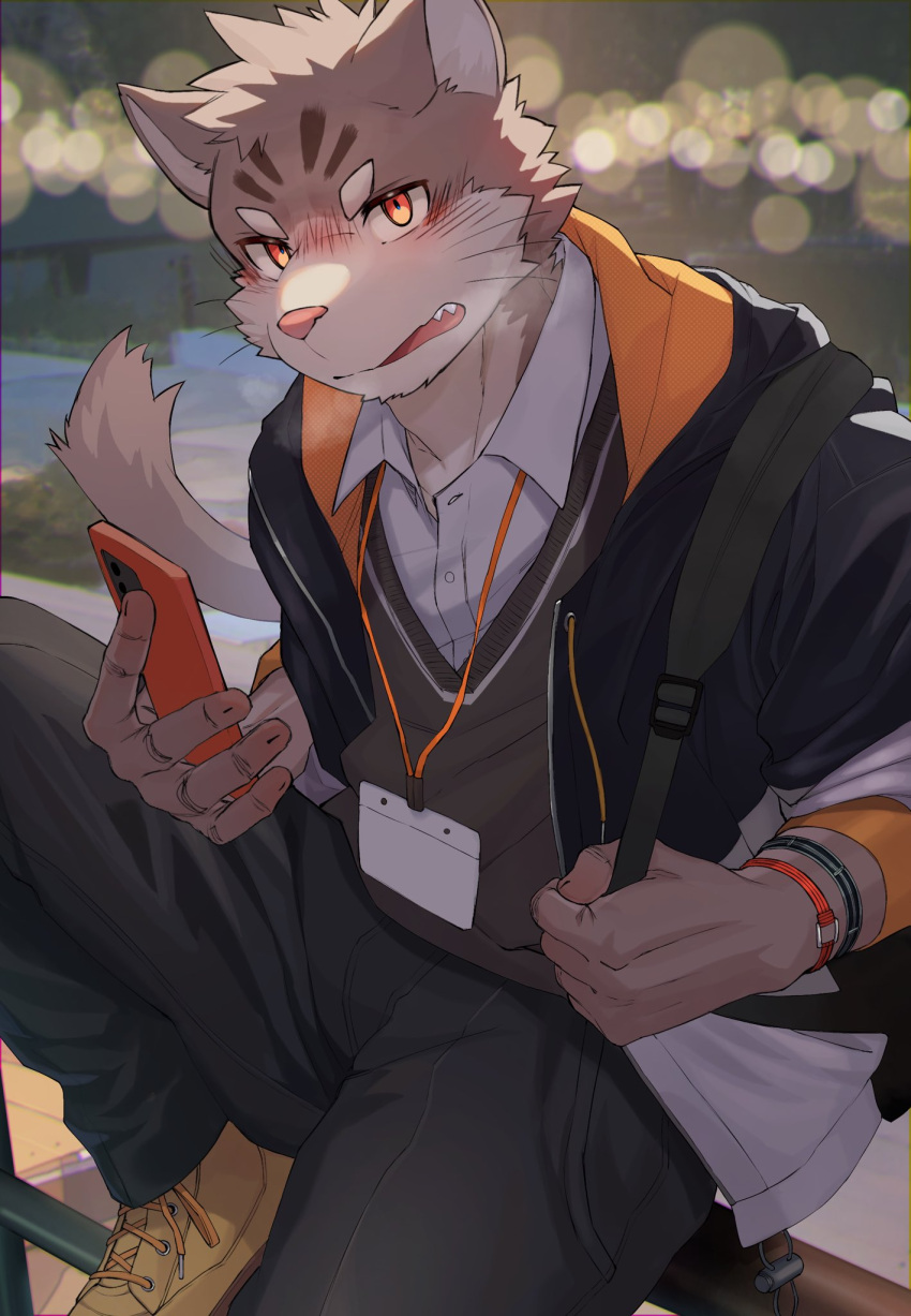 1boy, animal_ears, annoyed, black_jacket, blurry, blush, bokeh, brown_footwear