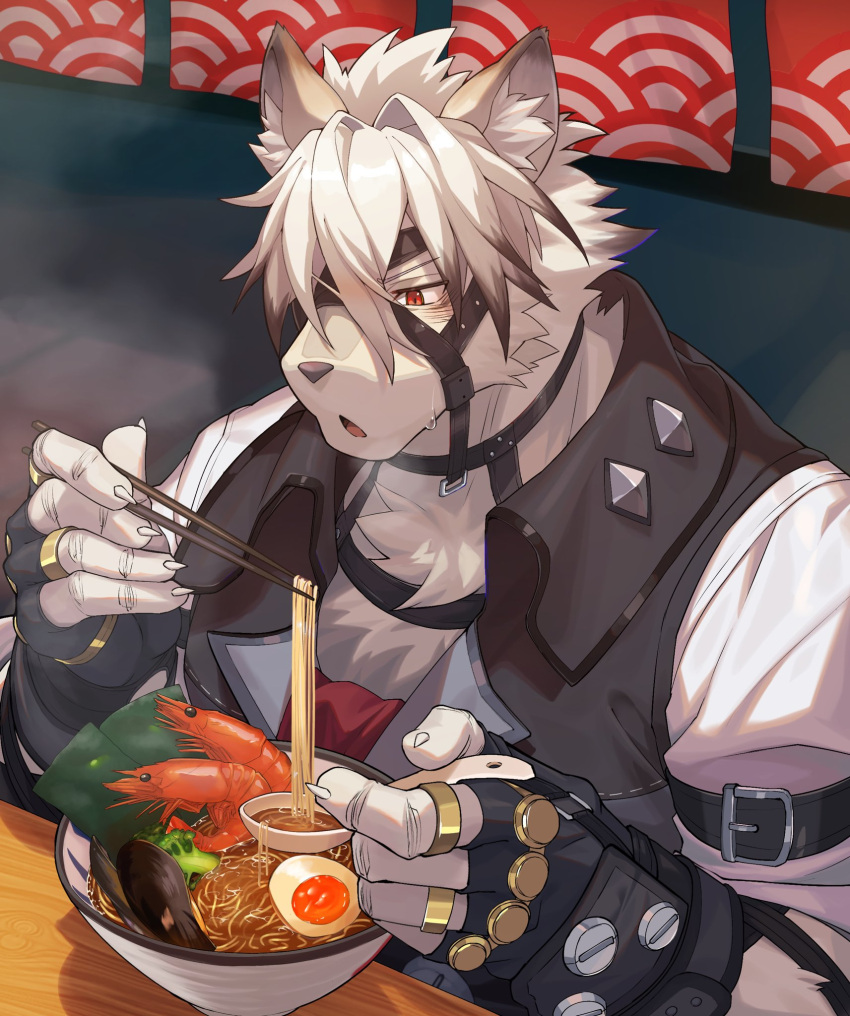 1boy, animal_ears, ascot, bicep_strap, black_gloves, blowing_on_food, blush, bowl