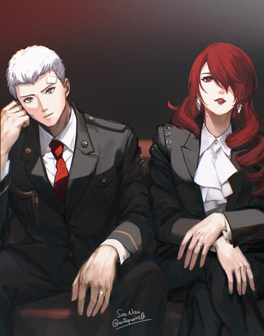 1boy, 1girl, artist_name, ascot, bandaid, bandaid_on_face, bandaid_on_forehead, black_jacket