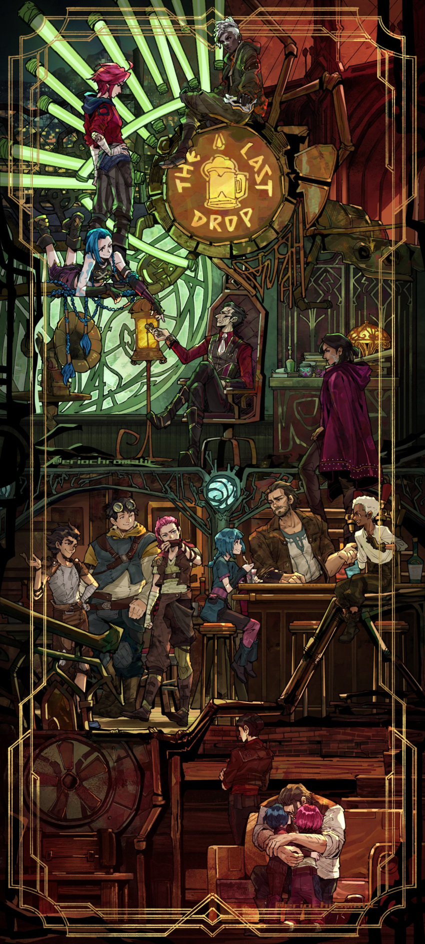 3girls, 5boys, absurdres, arcane:_league_of_legends, arcane_jinx, arcane_vi, artist_name, beard, black_hair, black_shirt, blue_hair, blue_shirt, border, braid, brown_hair, brown_jacket, brown_vest, claggor_(arcane), crop_top, dark-skinned_male, dark_skin, ekko_(league_of_legends), english_commentary, english_text, eriochromatic, facial_hair, firelight_ekko, highres, jacket, jinx_(league_of_legends), league_of_legends, leather, leather_jacket, looking_at_another, multiple_boys, multiple_girls, multiple_pov, mylo_(arcane), ornate_border, phonograph, pink_hair, pink_jacket, pov, powder_(arcane), red_shirt, sevika_(arcane), shirt, silco_(arcane), sitting, swept_bangs, twin_braids, twitter_username, vander_(arcane), vest, vi_(league_of_legends), white_hair, white_shirt