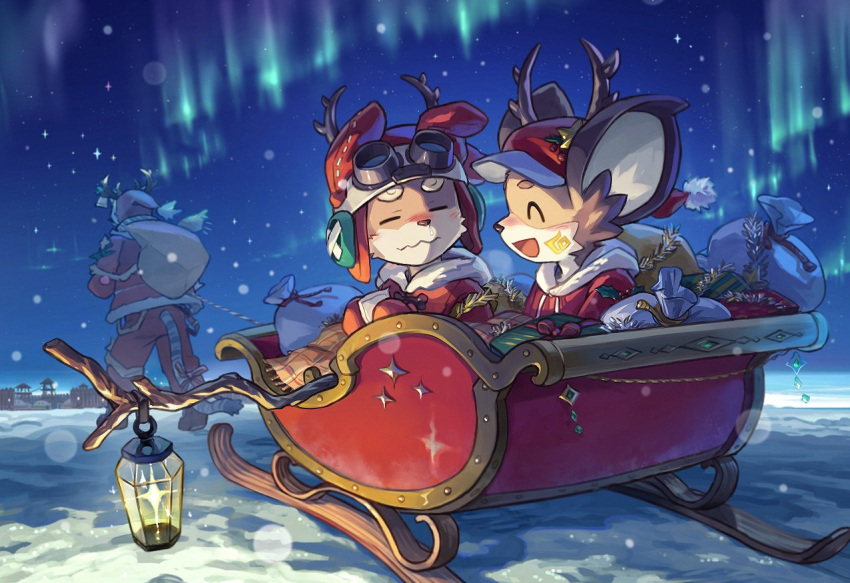 3boys, animal_ears, aurora, blush, closed_eyes, dog_boy, facing_another, fake_antlers