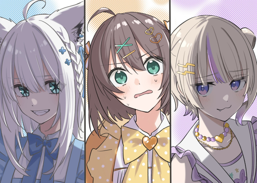 3girls, :3, ahoge, alternate_costume, alternate_hairstyle, animal_ear_fluff, bead_necklace, beads