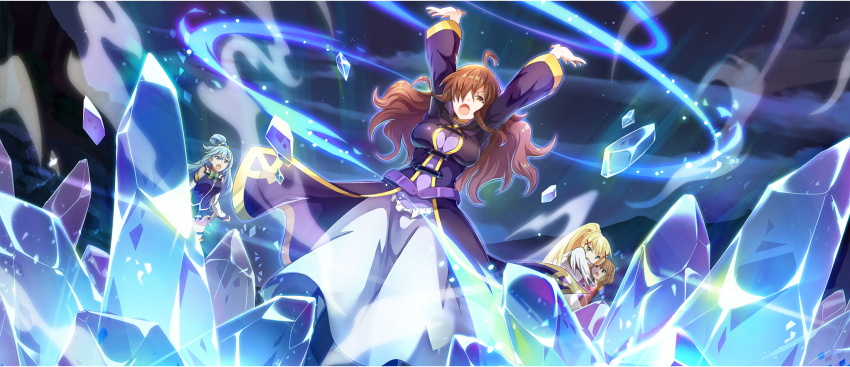 4girls, :o, ahoge, aqua_(konosuba), armor, arms_up, aura, blonde_hair