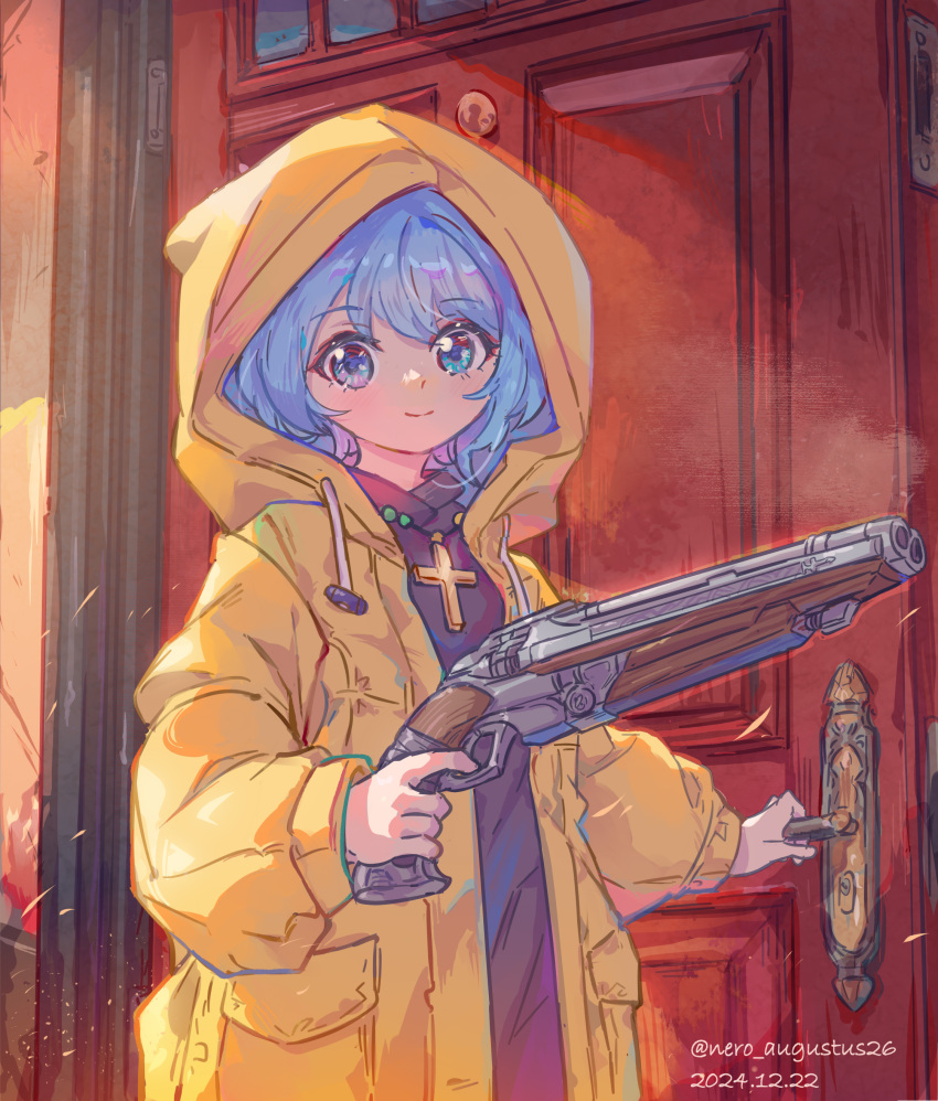 1girl, absurdres, blue_eyes, blue_hair, cross, cross_necklace, double-barreled_shotgun, finger_on_trigger, gun, highres, holding, holding_gun, holding_weapon, hood, hood_up, jewelry, looking_at_viewer, luce_(jubilee_2025), necklace, nero_augustus, opening_door, original, rosary, shotgun, smile, weapon, yellow_raincoat