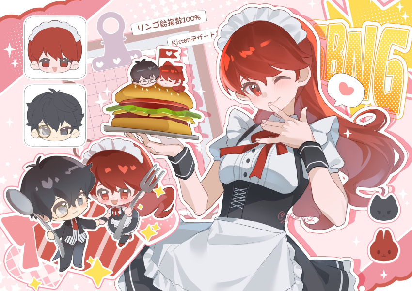 1boy, 1girl, alternate_costume, amamiya_ren, apron, black_dress, black_eyes, butler, chibi, closed_mouth, commentary_request, dress, fork, hair_between_eyes, hashtag-only_commentary, heart, highres, holding, holding_fork, holding_hands, holding_spoon, long_hair, looking_at_viewer, maid, maid_headdress, monocle, neck_ribbon, necktie, one_eye_closed, oversized_fork, oversized_spoon, persona, persona_5, persona_5_the_royal, ponytail, red_eyes, red_necktie, red_ribbon, ribbon, short_hair, smile, spoon, twitter_username, two-tone_dress, waist_apron, white_apron, white_dress, yoshizawa_kasumi, yun_(dl2n5c7kbh8ihcx)