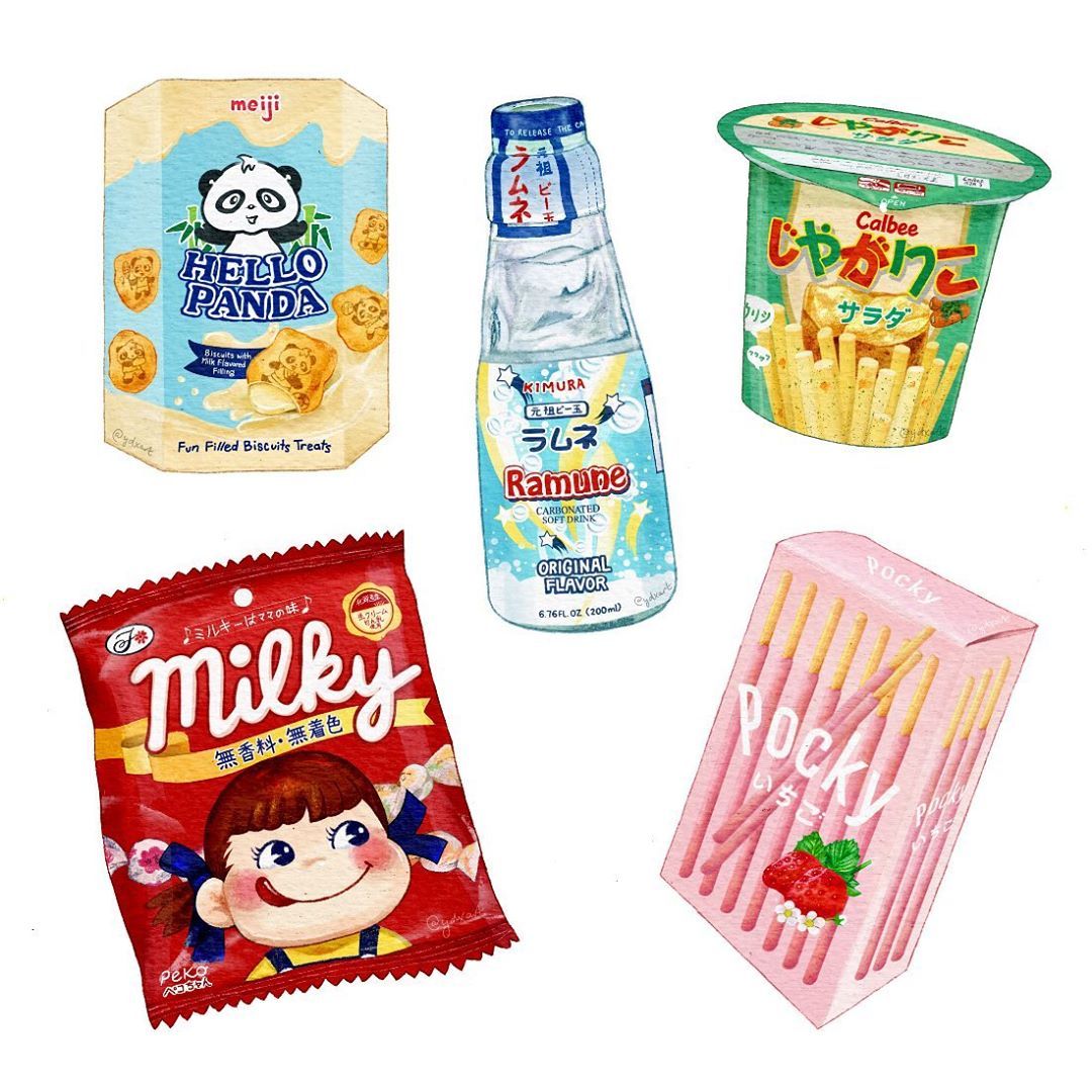 calbee_(potato_chips), food, food_focus, hello_panda, no_humans, painting_(medium), pocky, ramune