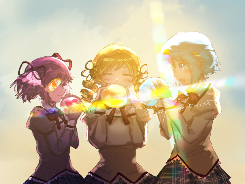 3girls, ^_^, black_skirt, blonde_hair, blue_eyes, blue_hair, blue_sky, bow, bowtie, chinese_commentary, closed_eyes, clouds, collared_shirt, commentary_request, covered_mouth, cowboy_shot, dot_nose, drill_hair, english_commentary, flower_hairpin, gradient_sky, hair_ornament, hair_ribbon, hairclip, happy, high_collar, highres, holding_orb, juliet_sleeves, kaname_madoka, lace-trimmed_shirt, lace-trimmed_sleeves, lace_trim, lens_flare, light_blush, long_hair, long_sleeves, mahou_shoujo_madoka_magica, mahou_shoujo_madoka_magica_(anime), miki_sayaka, miniskirt, mitakihara_school_uniform, mixed-language_commentary, moenoki, multiple_girls, open_mouth, outdoors, pink_eyes, pink_hair, plaid_clothes, plaid_skirt, pleated_skirt, pocket, puffy_sleeves, red_bow, red_bowtie, red_ribbon, ribbon, school_uniform, shirt, short_hair, short_twintails, signature, skirt, sky, smile, standing, sunset, teeth, tomoe_mami, twin_drills, twintails, upper_teeth_only, white_sleeve_cuffs, yellow_shirt, yellow_sky