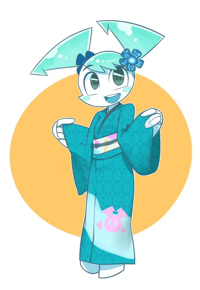 1girl, android, blue_hair, blue_kimono, colored_skin, dishwasher9, flower, flower_ornament, humanoid_robot, japanese_clothes, jenny_wakeman, kimono, my_life_as_a_teenage_robot, nickelodeon, robot, robot_girl, twintails, white_skin, wide_sleeves