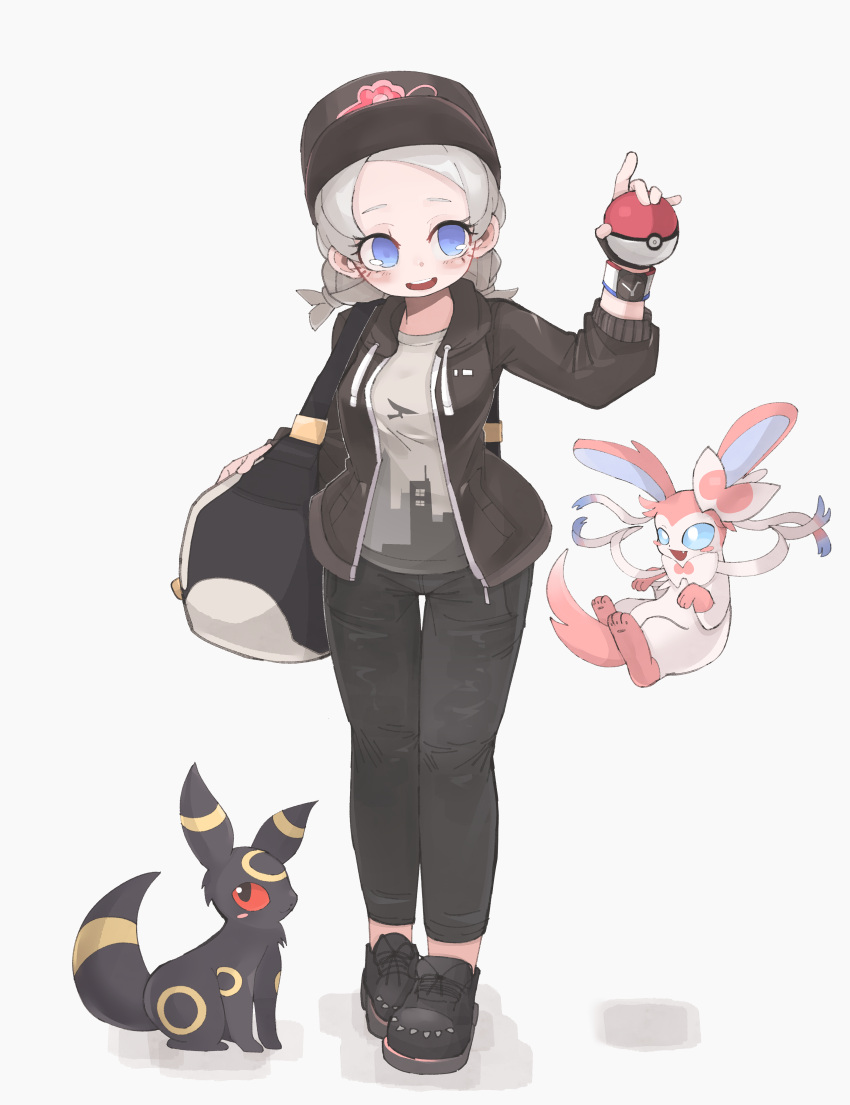 1girl, 2others, absurdres, bag, ball, black_footwear, black_hat, black_jacket