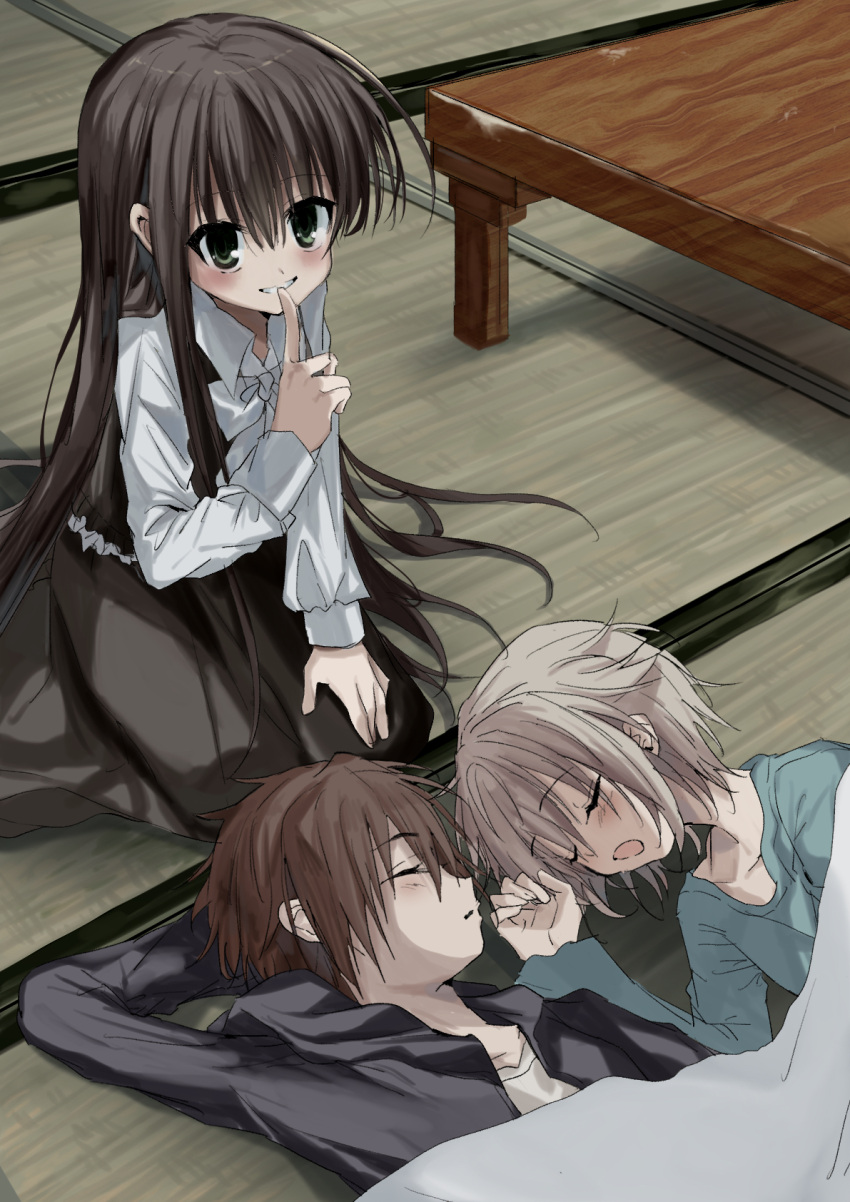 1girl, 2boys, architecture, black_hoodie, black_skin, black_vest, blanket, blue_shirt