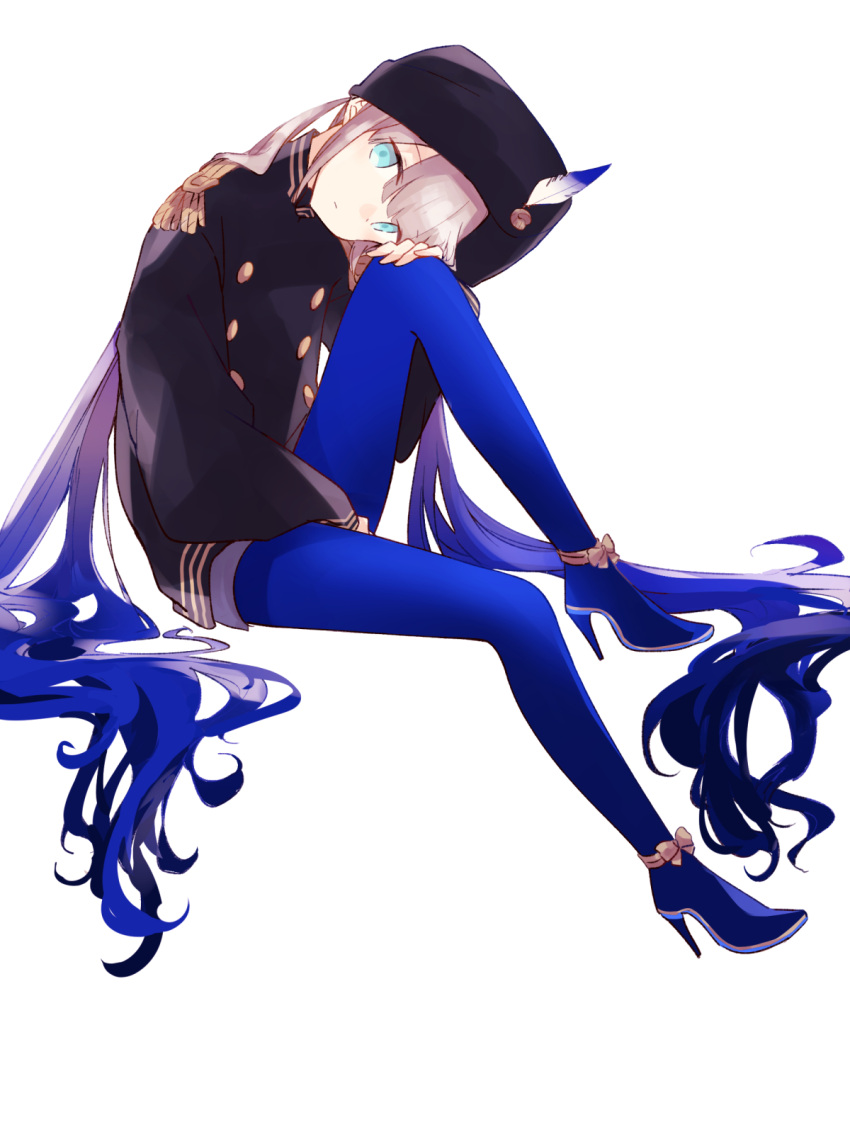 1boy, arm_between_legs, black_hat, black_poncho, blue_eyes, blue_footwear, blue_hair, blue_pantyhose, blunt_bangs, brown_hair, captain_nemo_(fate), captain_nemo_(third_ascension)_(fate), closed_mouth, epaulettes, expressionless, fate/grand_order, fate_(series), full_body, gradient_hair, grey_shorts, hat, hat_feather, head_on_knee, high_heels, highres, invisible_chair, kak_hac, knee_up, long_hair, long_sleeves, looking_at_viewer, male_focus, multicolored_hair, nemo_(fate), otoko_no_ko, pantyhose, poncho, shoes, shorts, simple_background, sitting, solo, turban, twintails, very_long_hair, white_background