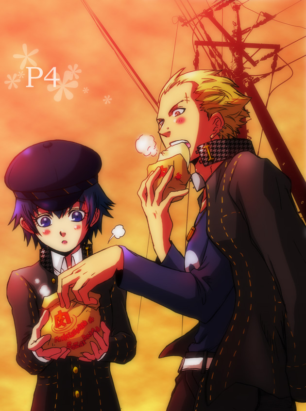 androgynous, blue_eyes, blue_hair, blush, cabbie_hat, food, gakuran, hat