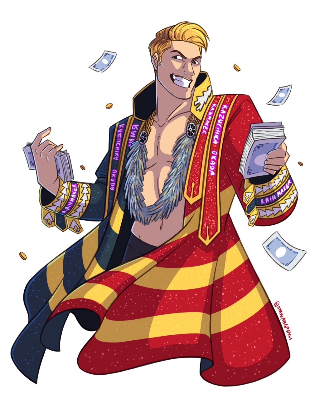 1boy, banknote, blonde_hair, cloak, dollar_bill, highres, holding, holding_money