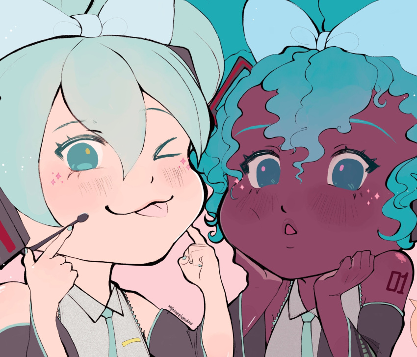 1girl, aqua_eyes, aqua_hair, bare_shoulders, black_sleeves, blue_bow, blue_eyes, bow, cinnamiku, collared_shirt, dark-skinned_female, dark_skin, detached_sleeves, dual_persona, earrings, grey_shirt, hair_between_eyes, hair_bow, hatsune_miku, highres, jewelry, long_hair, looking_at_viewer, maybeits-nana, necktie, sanrio, shirt, simple_background, sleeveless, sleeveless_shirt, smile, tied_ears, twintails, updo, very_dark_skin, vocaloid