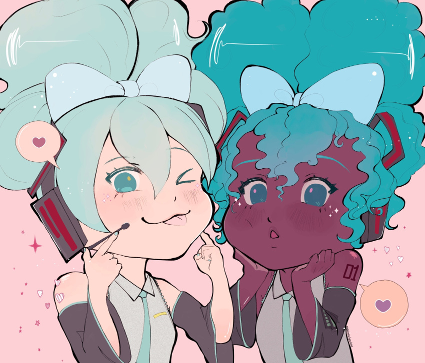 1girl, aqua_eyes, aqua_hair, bare_shoulders, black_sleeves, blue_bow, blue_eyes, bow, cinnamiku, collared_shirt, dark-skinned_female, dark_skin, detached_sleeves, dual_persona, earrings, grey_shirt, hair_between_eyes, hair_bow, hatsune_miku, highres, jewelry, long_hair, looking_at_viewer, maybeits-nana, necktie, sanrio, shirt, simple_background, sleeveless, sleeveless_shirt, smile, tied_ears, twintails, updo, very_dark_skin, vocaloid