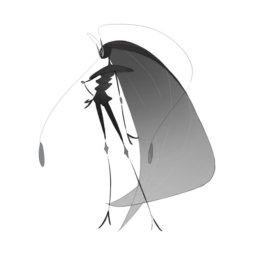1girl, absurdly_long_hair, antennae, arthropod_girl, cockroach_girl, full_body, greyscale, hand_on_own_hip