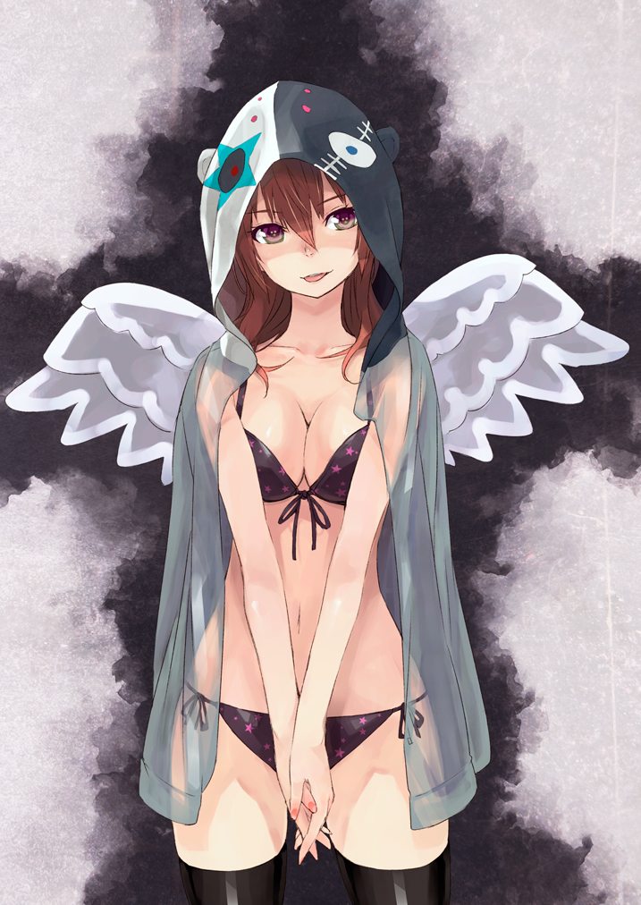 angel_wings, bikini, black_legwear, black_thighhighs, breasts, cleavage, cloak, face