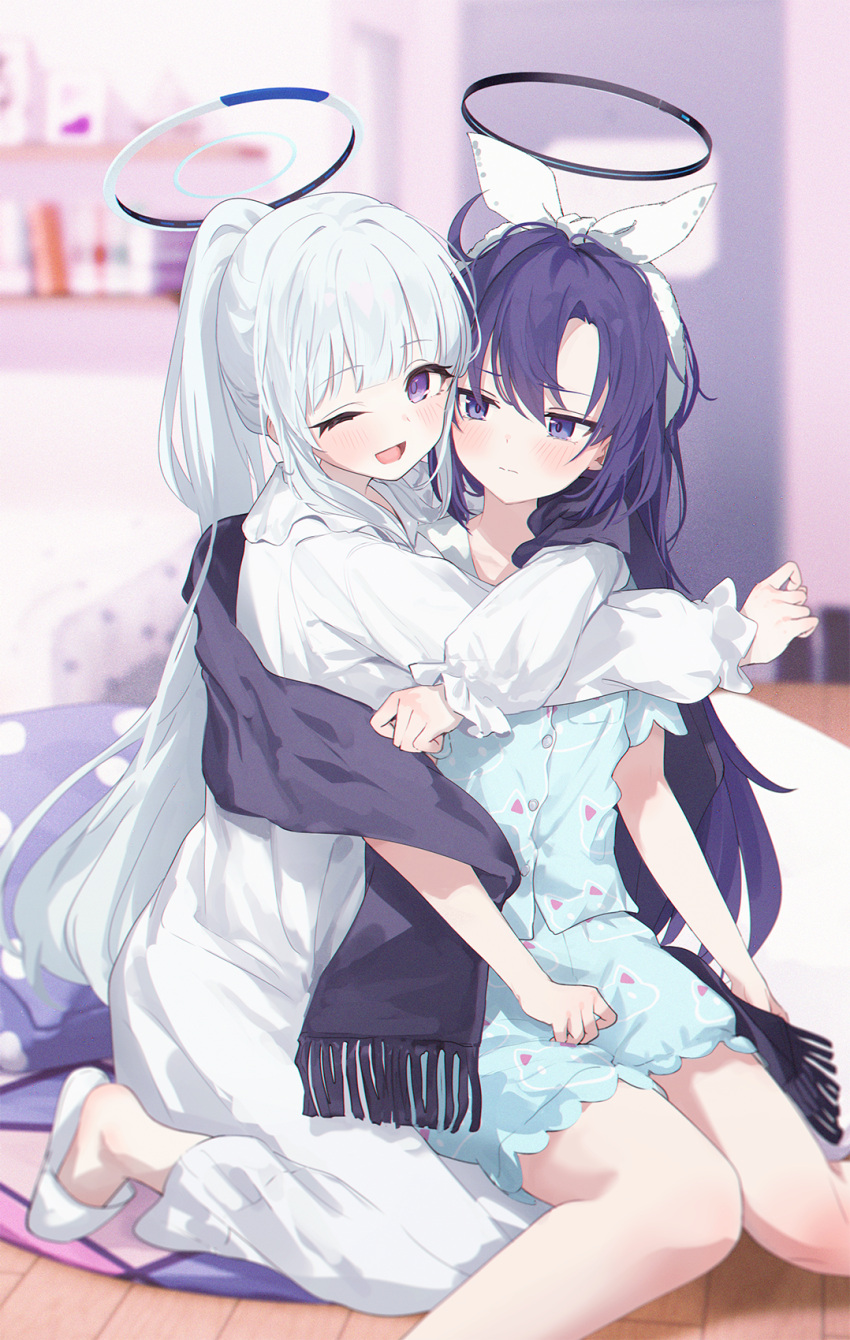 2girls, ;d, black_scarf, blue_archive, blue_shirt, blue_shorts, blurry, blurry_background
