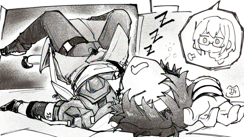 1boy, 1girl, asaba_harumasa, closed_eyes, from_side, full_body, glasses, gloves