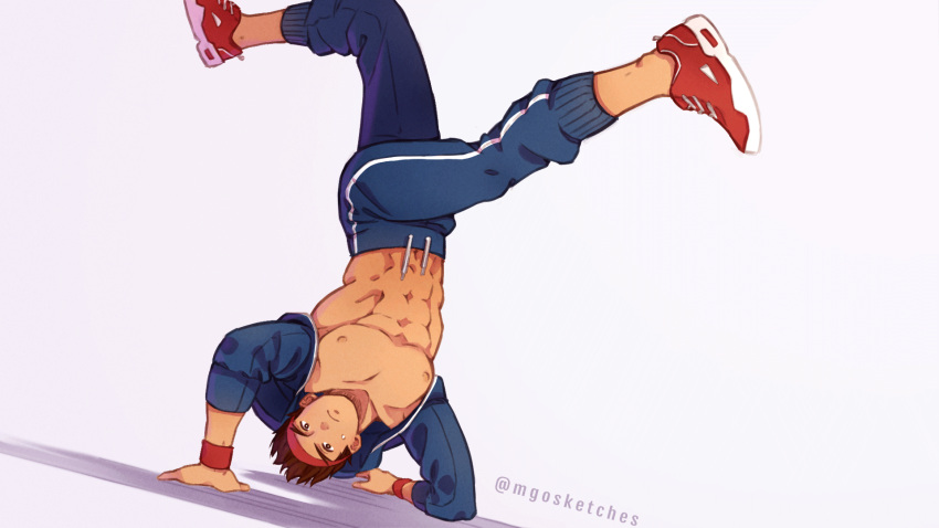 1boy, abs, alternate_costume, bare_pectorals, blue_jacket, blue_pants, breakdance, brown_hair