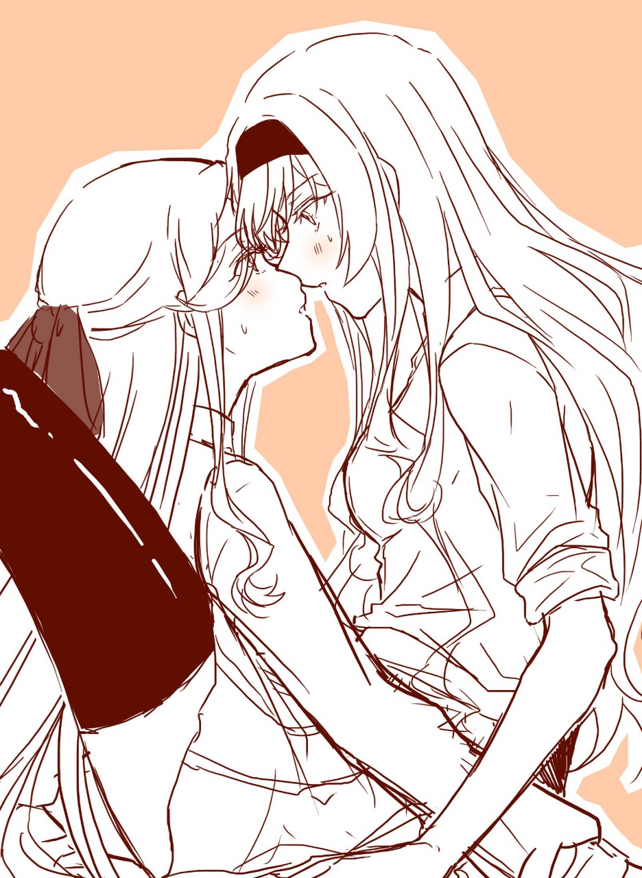 2girls, between, between_legs, black_socks, couple, embarrassed, greyscale, hair_ribbon