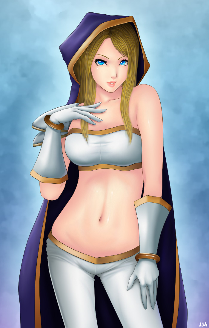 blonde_hair, blue_eyes, bracelet, cloak, gloves, jaina_proudmoore, jewelry, khalitzburg