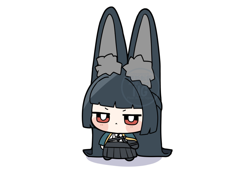 1girl, :<, absurdly_long_hair, absurdres, animal_ear_fluff, animal_ears, aqua_capelet, big_eared_miyabi_(meme), black_hair, black_necktie, black_skirt, blunt_bangs, blunt_ends, blush_stickers, bright_pupils, chibi, commentary_request, highres, hime_cut, hoshimi_miyabi, jitome, long_hair, looking_at_viewer, meme, necktie, pleated_skirt, red_eyes, shinonome_nashi, shirt, simple_background, skirt, solo, standing, very_long_ears, very_long_hair, watermark, white_background, white_pupils, white_shirt, wide_shot, zenless_zone_zero