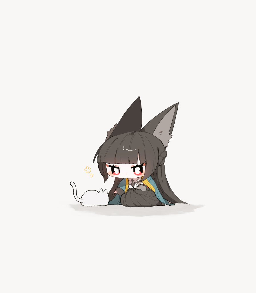 1girl, animal_ears, black_hair, black_necktie, black_skirt, blunt_bangs, cat_ears, chibi