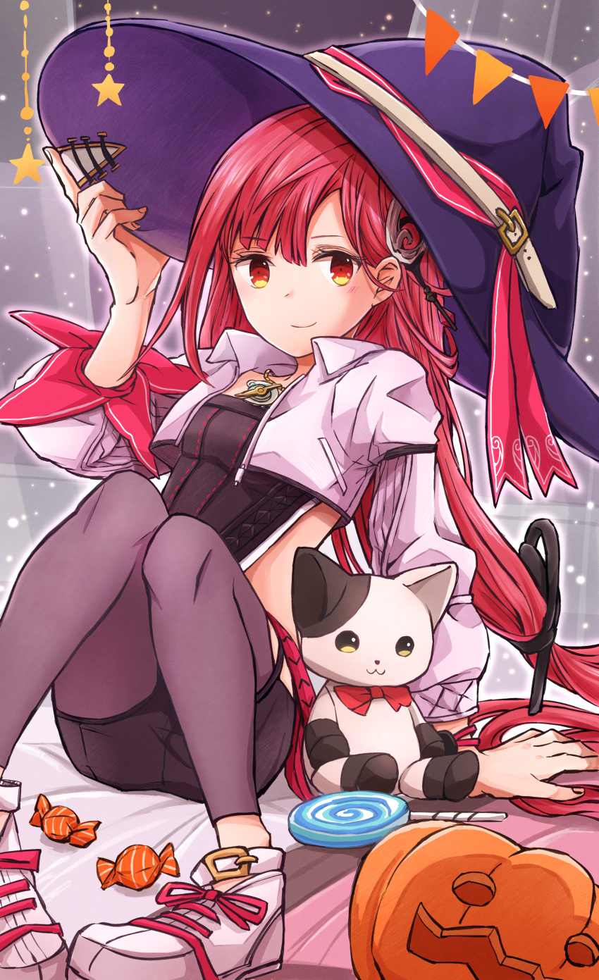 1girl, absurdres, aria_(harvestella), black_hat, black_pantyhose, candy, closed_mouth, cropped_jacket