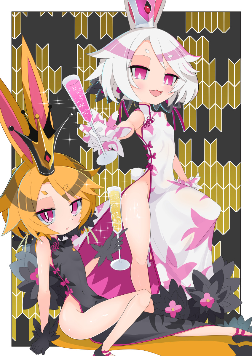 2girls, absurdres, alcohol, animal_ears, black_footwear, black_rabbit_usa, blonde_hair, champagne