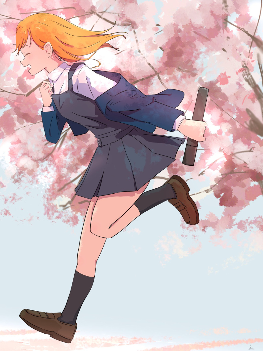 1girl, black_socks, blue_jacket, brown_footwear, cherry_blossoms, closed_eyes, commentary_request, diploma