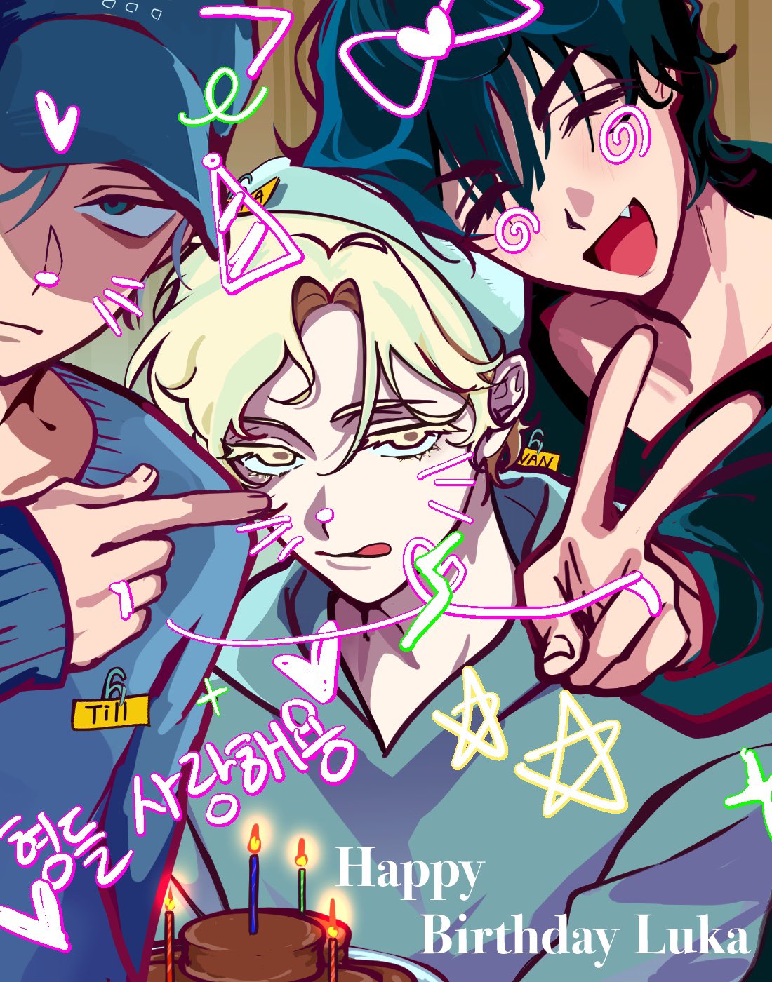 3boys, abcd888888889, alien_stage, baseball_cap, birthday, black_hair, black_hoodie, blonde_hair, blue_hat, blue_hoodie, blue_sweater, candle, character_name, colored_eyelashes, commentary, drawn_bow, drawn_heart, drawn_whiskers, fang, green_eyes, happy_birthday, hashtag-only_commentary, hat, highres, hood, hoodie, ivan_(alien_stage), korean_text, long_sleeves, luka_(alien_stage), male_focus, multiple_boys, name_tag, open_mouth, paperclip, pointing, pointing_at_another, selfie, short_hair, smile, sweater, till_(alien_stage), tongue, tongue_out, translation_request, v, very_short_hair, yellow_eyes