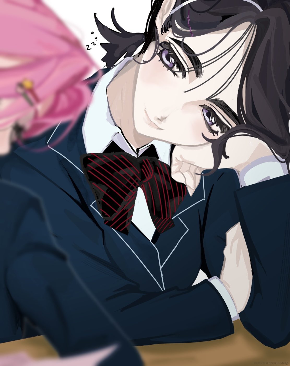 2girls, abcd888888889, alien_stage, black_hair, black_jacket, bow, bowtie, collared_shirt