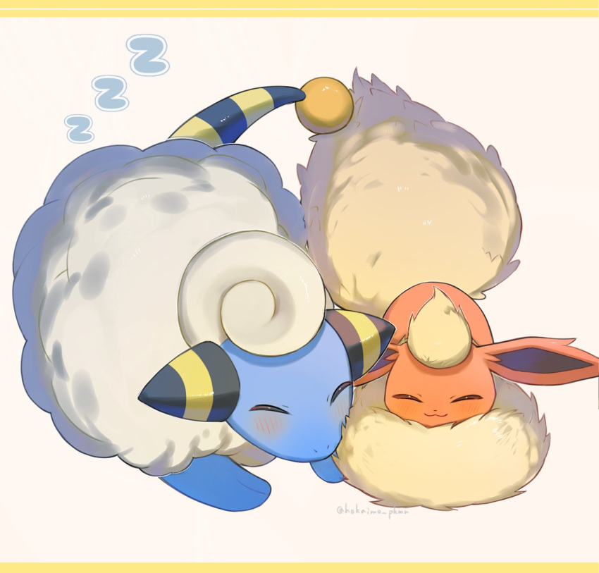 animal_focus, blush, closed_eyes, closed_mouth, commentary_request, flareon, highres, hokaimo_pkmn
