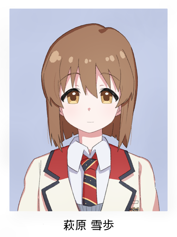 1girl, blazer, blunt_ends, border, brown_eyes, brown_hair, character_name, closed_mouth