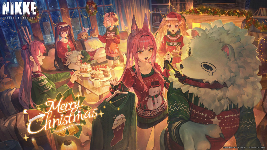 6+girls, alternate_costume, animal_ear_fluff, animal_ears, biscuit_(nikke), cake, cat_ears, cat_girl