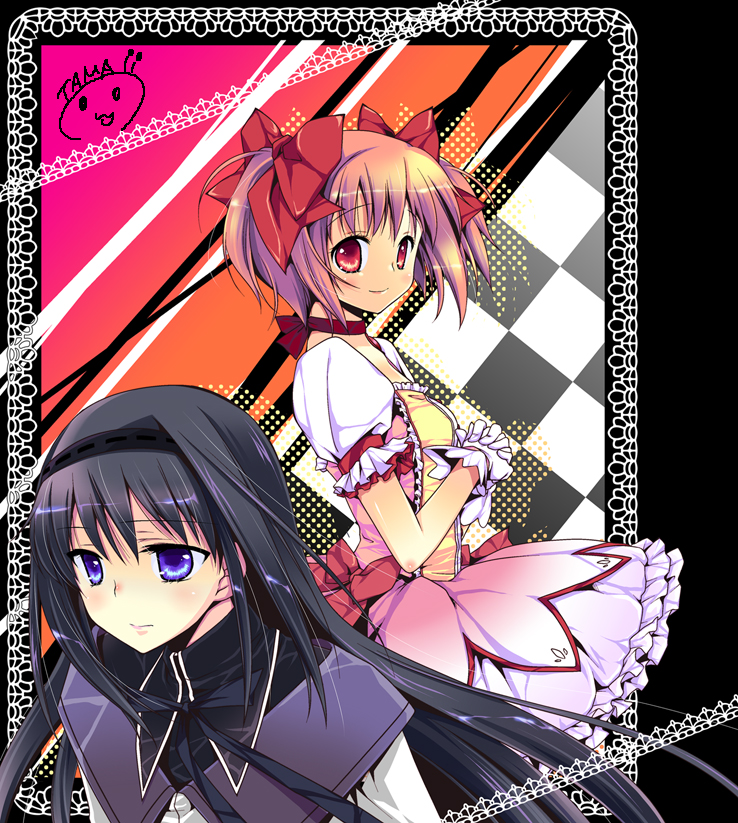 black_hair, blue_eyes, bow, gloves, hair_bow, hands_clasped, kaname_madoka, long_hair