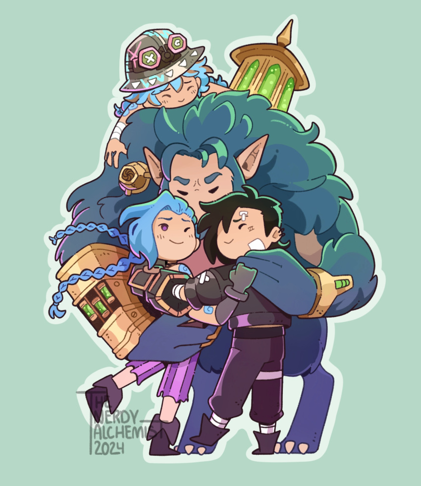 1boy, 3girls, arcane:_league_of_legends, artist_name, bandaged_arm, bandages, black_hair, black_jacket