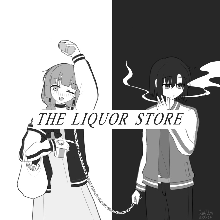 2girls, absurdres, album_cover, album_name, alcohol_carton, arm_up, artist_name, bag