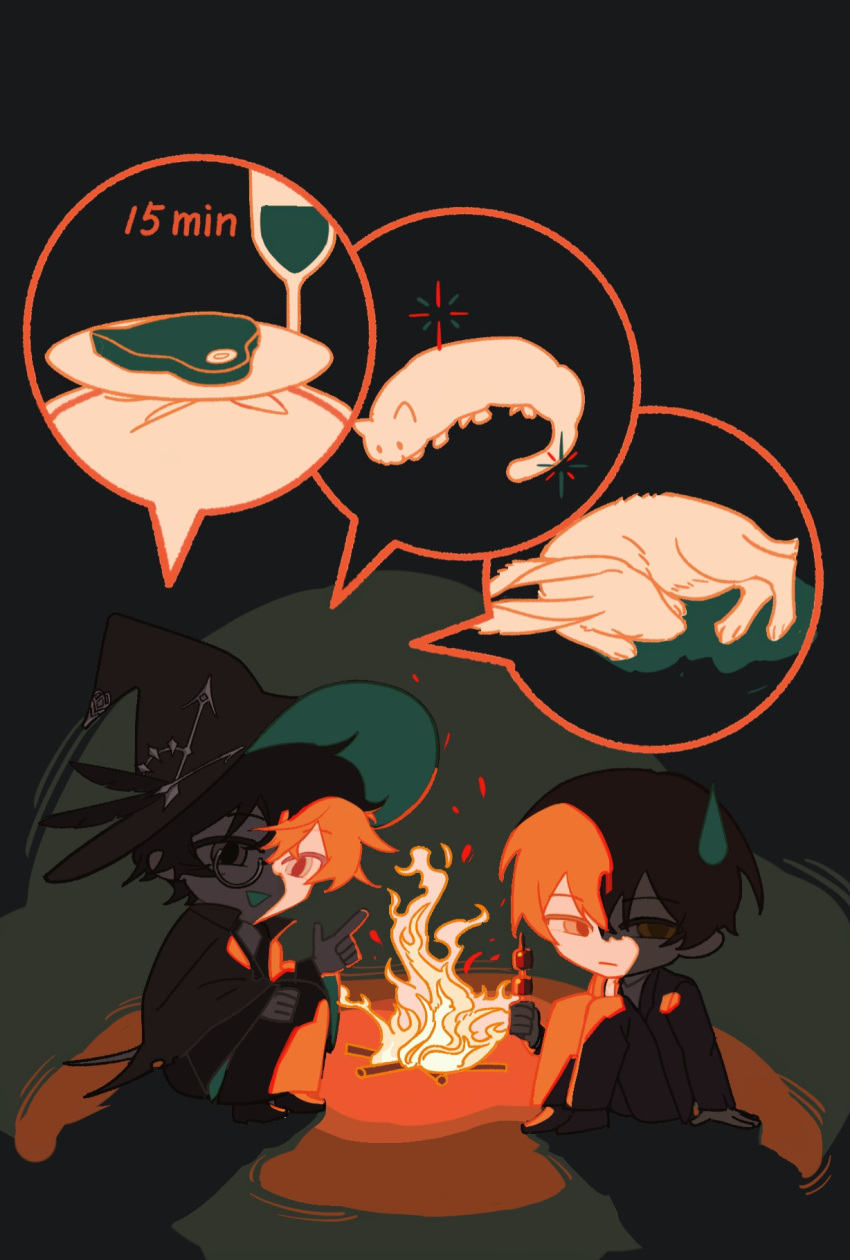 2boys, alcohol, amon_(lord_of_the_mysteries), annoyed, black_background, black_coat, black_footwear, black_hat, black_jacket, black_pants, black_suit, blazer, blue_hat, brown_eyes, brown_footwear, brown_hair, campfire, chibi, chinese_commentary, closed_mouth, coat, coattails, collared_jacket, commentary_request, cup, dark, dead_animal, deer, drinking_glass, embers, ferret, flower, flower_brooch, food, green_eyes, grey_eyes, hair_between_eyes, hand_on_own_knee, hands_on_ground, hat, heterochromia, highres, huisheng_die, jacket, klein_moretti, knees_up, limited_palette, long_sleeves, lord_of_the_mysteries, male_focus, monocle, multiple_boys, open_mouth, pants, plate, red_flower, red_rose, rose, shadow, shoes, short_hair, sitting, smile, sparkle, spoken_animal, spoken_food, steak, suit, sweatdrop, talking, two-sided_fabric, two-sided_headwear, wine, wine_glass, witch_hat