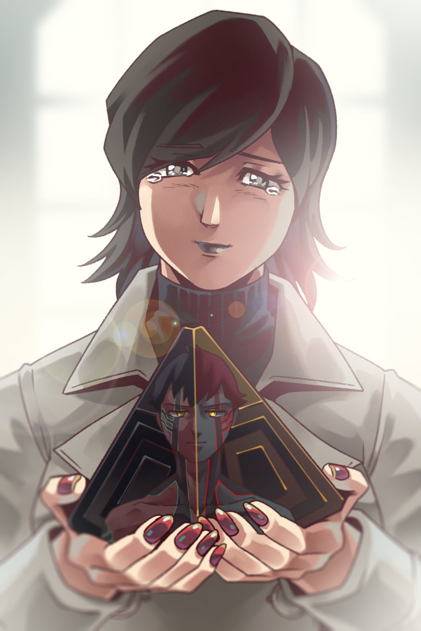 1boy, 1girl, absurdres, black_eyes, black_hair, black_lips, body_markings, closed_mouth