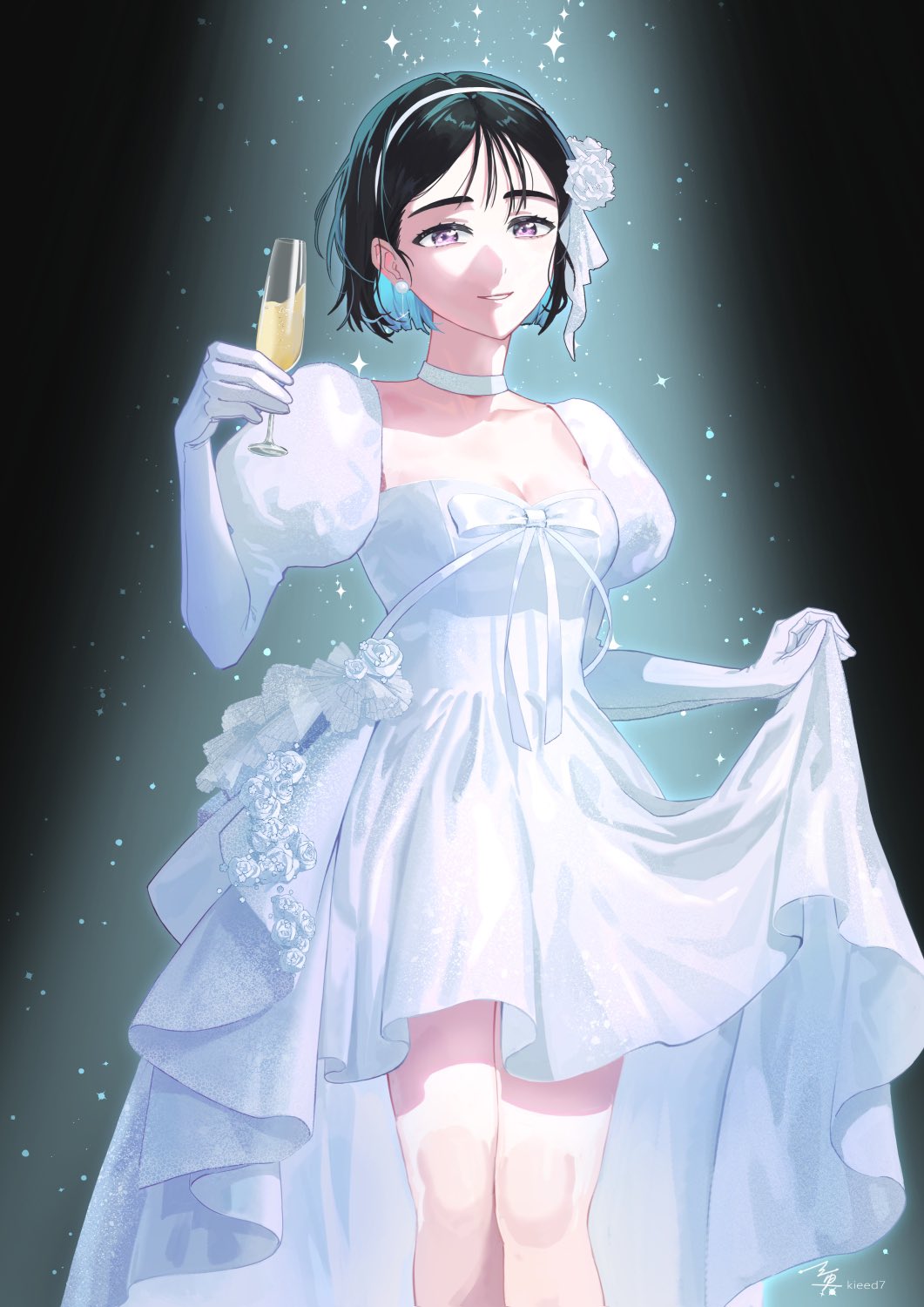 1girl, alien_stage, alternate_costume, birthday, black_background, black_hair, bow, champagne_flute