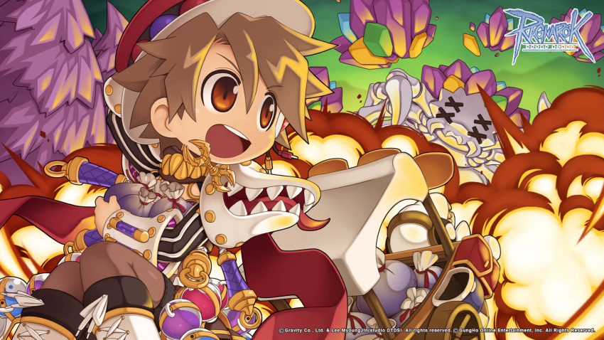 1girl, armor, bag, boots, brown_eyes, brown_hair, brown_thighhighs, bug