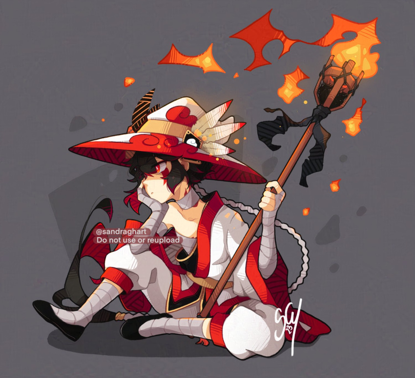 1boy, bandaged_ankle, bandaged_arm, bandaged_hand, bandages, black_hair, braid, feathers
