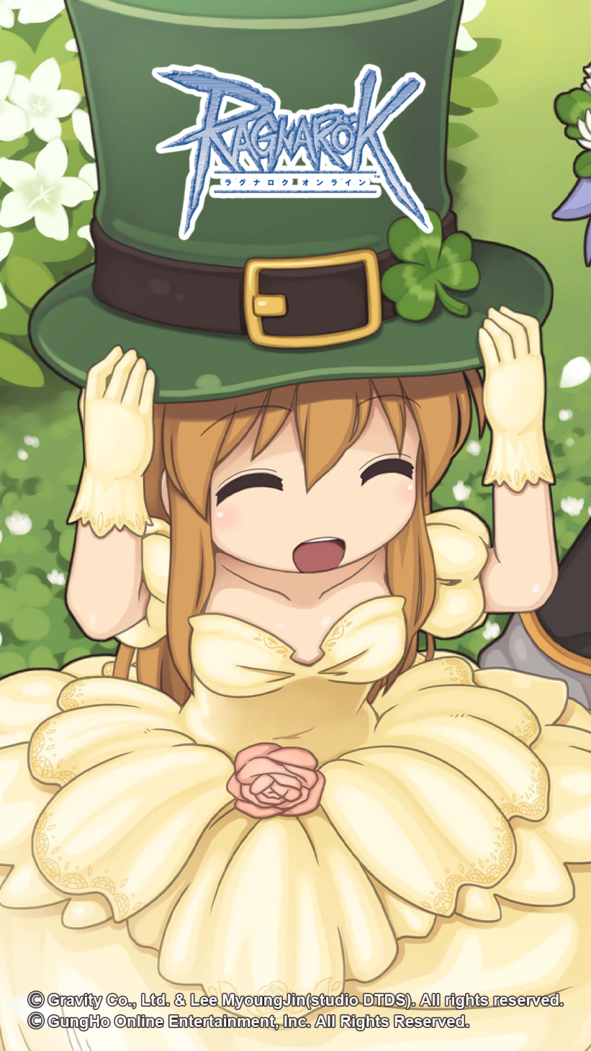 1girl, belt, black_belt, blush, breasts, brown_hair, closed_eyes, clover_hat_ornament