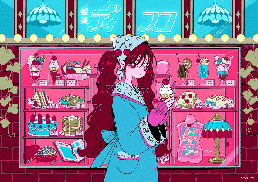 1girl, blue_jacket, bow, cake, cake_slice, cream, cream_on_face, dessert, display_case, floral_print, food, food_on_face, from_side, hair_bow, highres, holding, holding_food, holding_ice_cream, ice_cream, ice_cream_float, jacket, leaf, looking_at_viewer, mannequin, nakazawa_ayami, omelet, omurice, original, pancake, pancake_stack, pink_bow, pink_shirt, red_eyes, redhead, shirt, soda, sundae, twintails, wispy_bangs