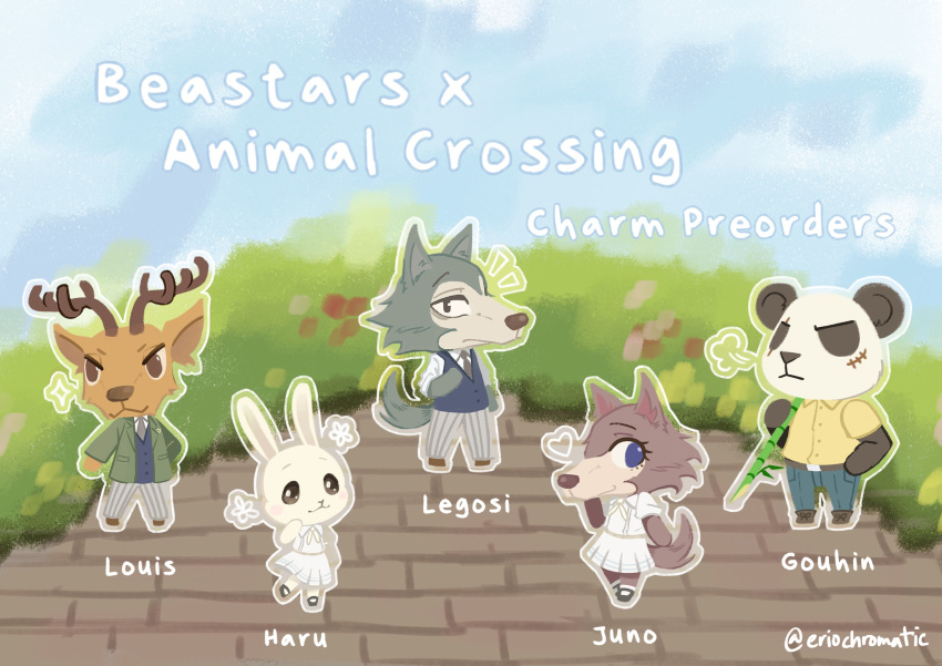 2girls, 3boys, animal_crossing, animal_ears, antlers, artist_name, bamboo, black_fur