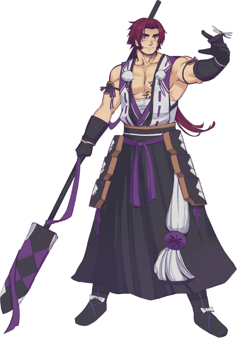 1boy, black_gloves, bug, closed_mouth, dragonfly, gloves, holding, holding_polearm, holding_weapon, hrio_(orenoaluze), japanese_clothes, lance, looking_at_viewer, male_focus, muscular, muscular_male, pectorals, polearm, ponytail, purple_hair, sarashi, smile, tonbokiri, tonbokiri_(touken_ranbu), touken_ranbu, weapon