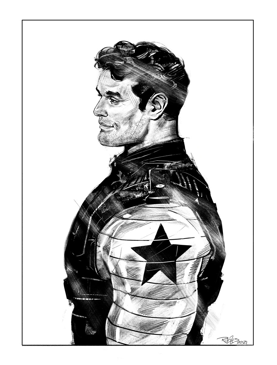 1boy, from_side, greyscale, highres, james_buchanan_barnes, marvel, mechanical_arms, monochrome